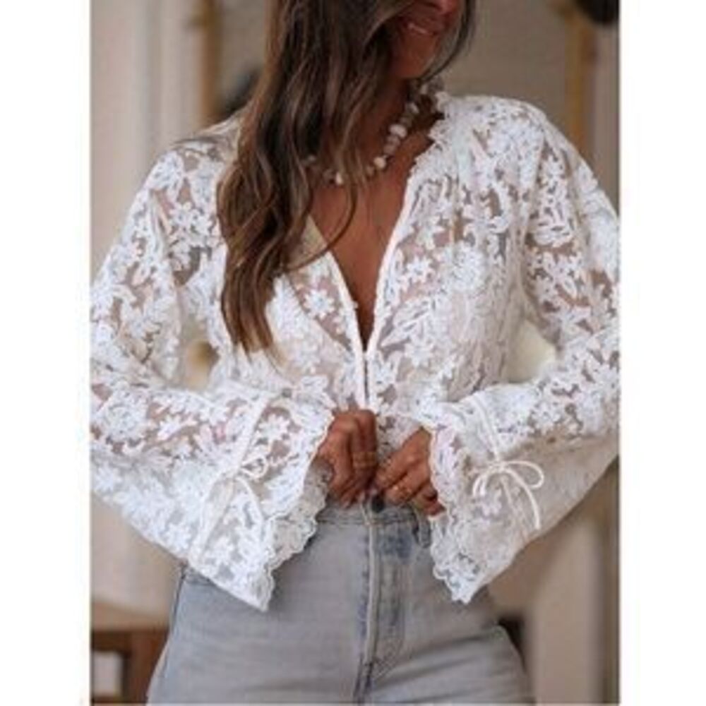 Guipure Lace on Mesh White V-Neck Floral Pattern Button Down Shirt Sheer - Picture 2 of 3